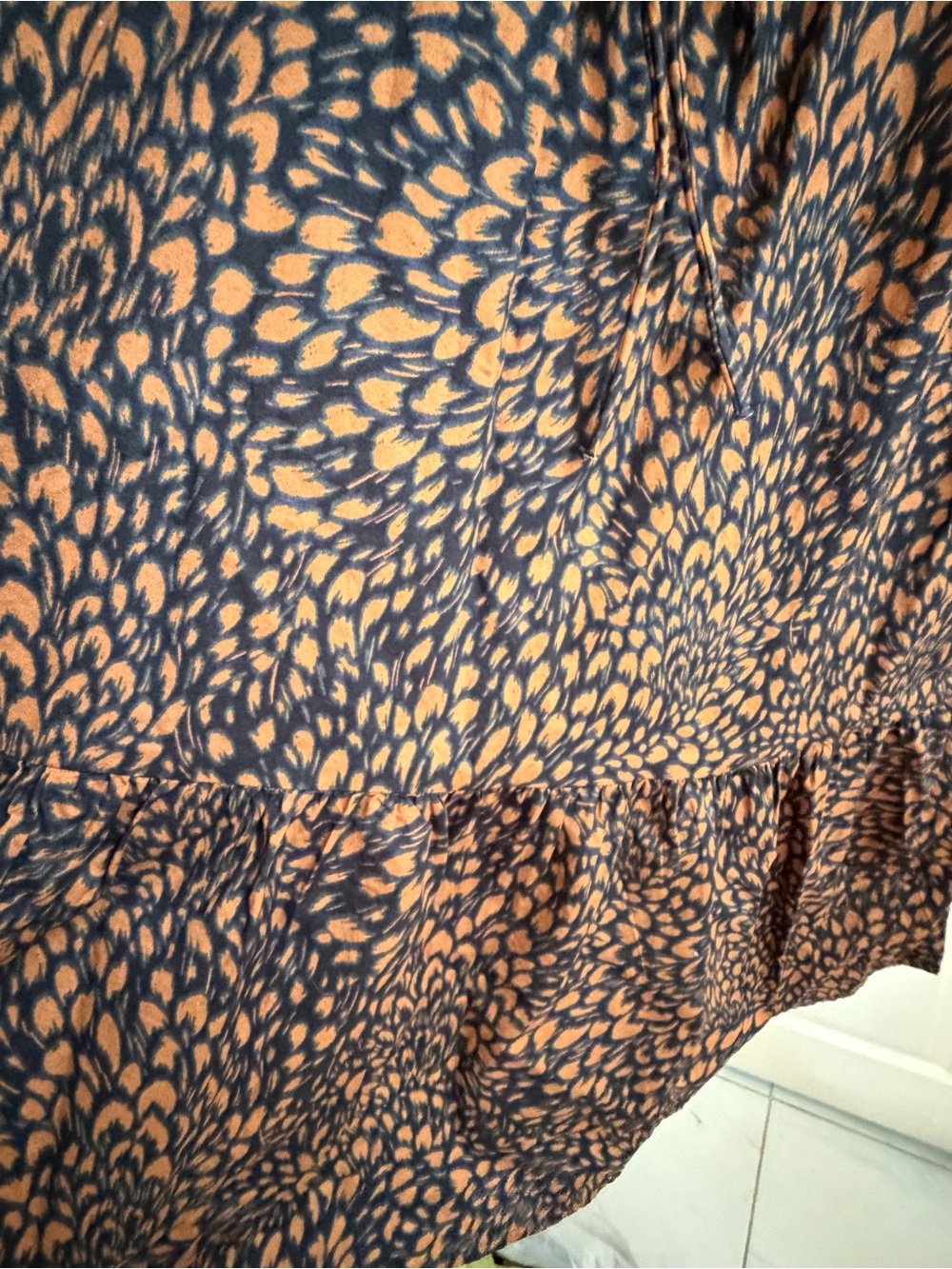 Classic Navy Midi Dress with Brown Print - Elastic Waist - Picture 5 of 8